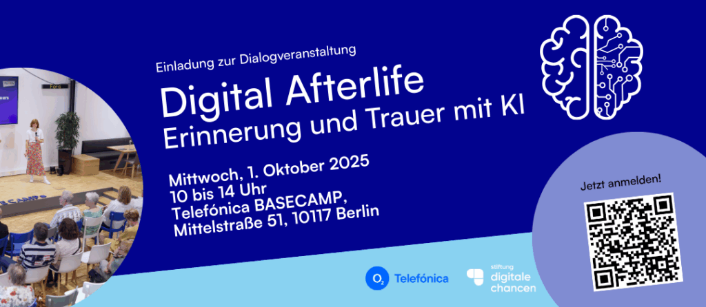 Man sieht ein Gehirn mit seinen beiden Hälften. Ein Fotoausschnitt aus einer Veranstaltung. Und den QR Code zur Anmeldung.